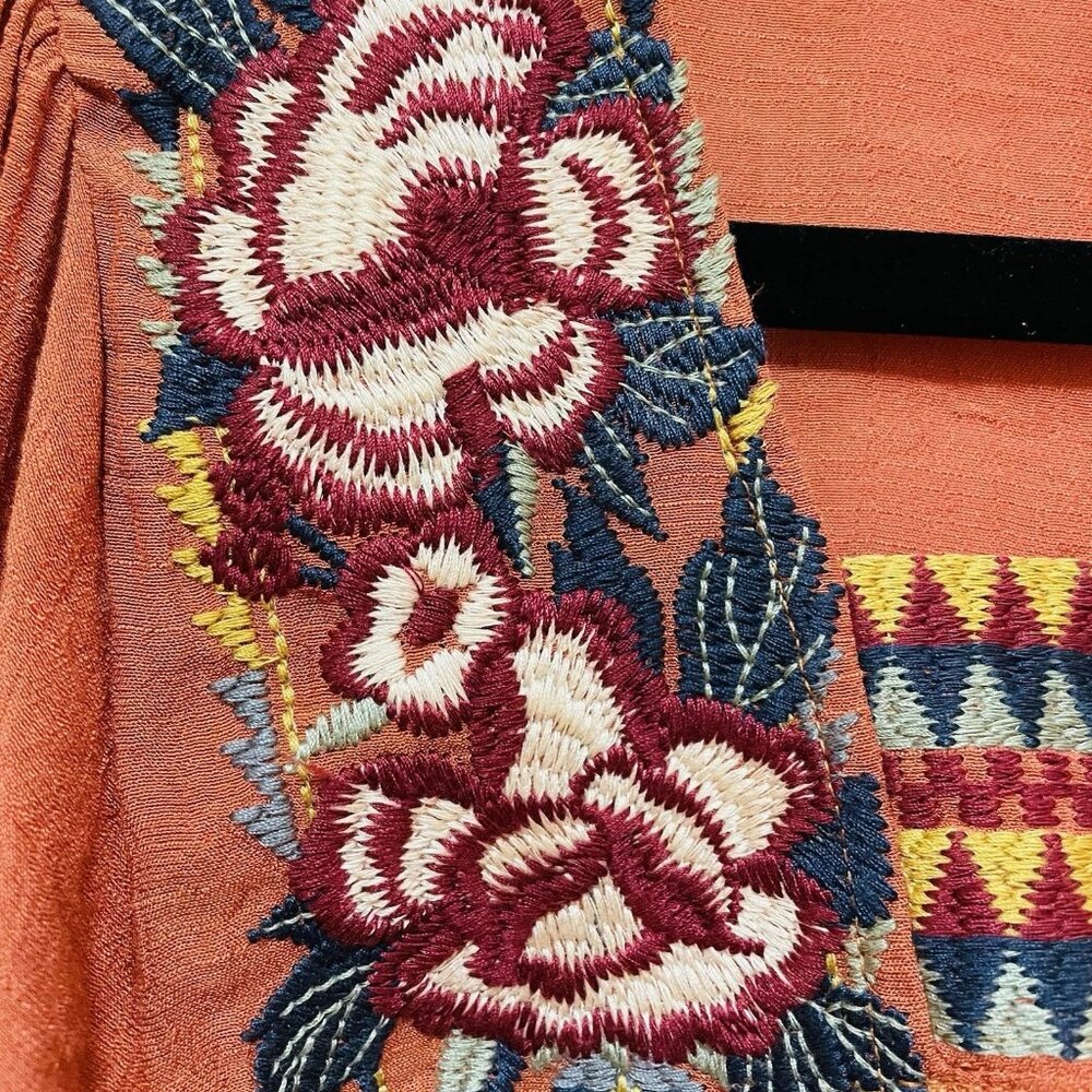 ENTRO Rust-Colored Embroidered Tie-Front Bell Sleeve Boho Shirt Sz L - Picture 8 of 10